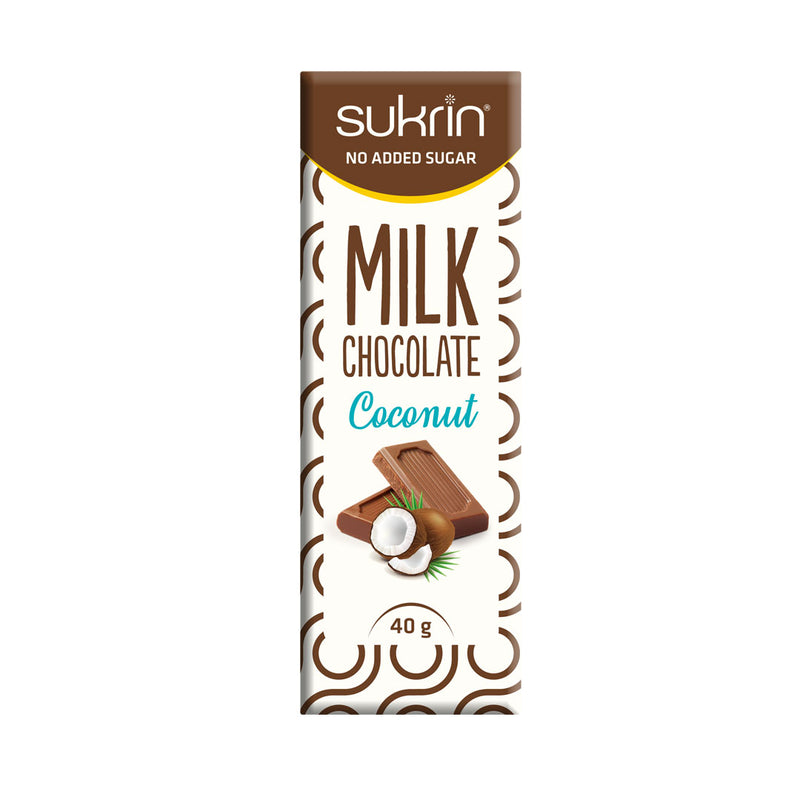 Sockerfri Mjölkchoklad SUKRIN Kokos förpackning framsida