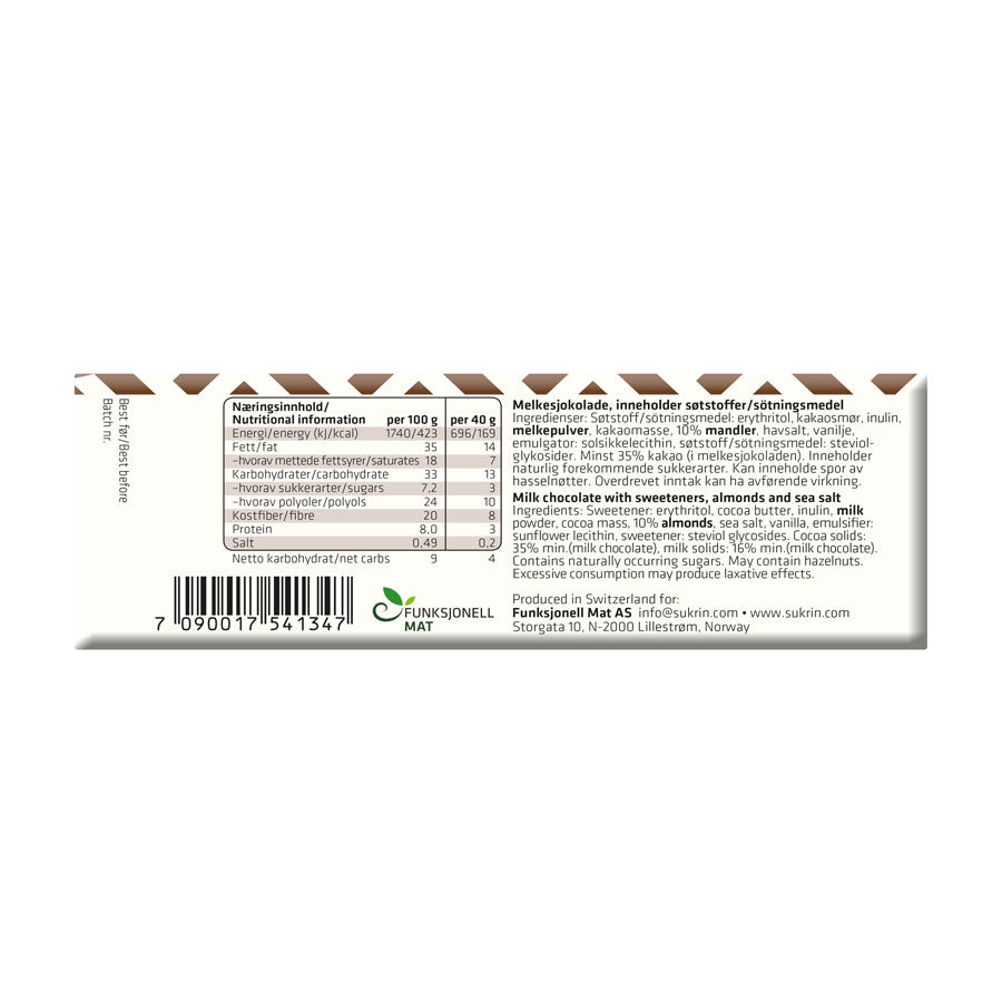 Sockerfri mjölkchoklad med mandel och havssalt sukrin innehåll