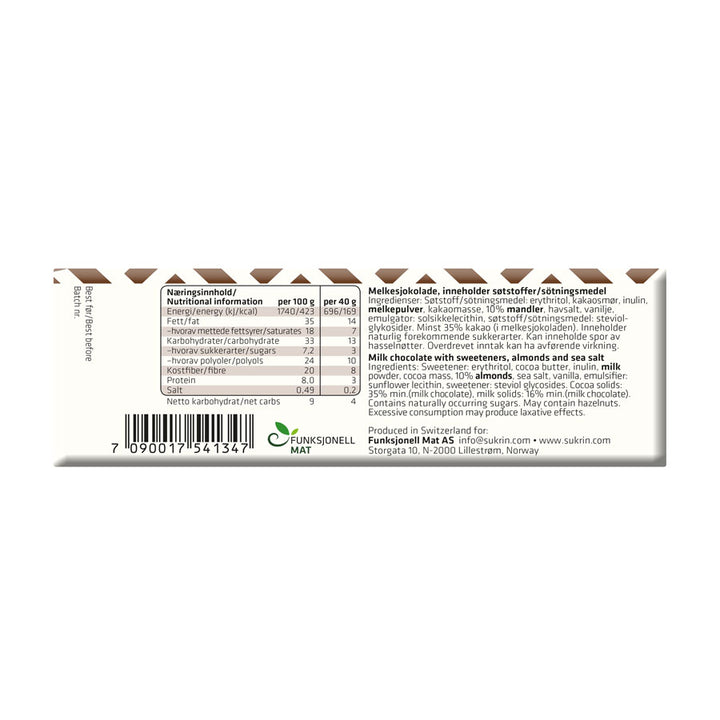 Sockerfri mjölkchoklad med mandel och havssalt sukrin innehåll