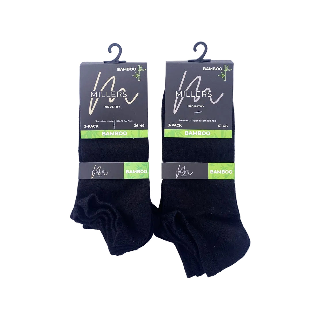Sneakers diabetesstrumpa i bambu svart 3-pack 2 olika storleksintervaller