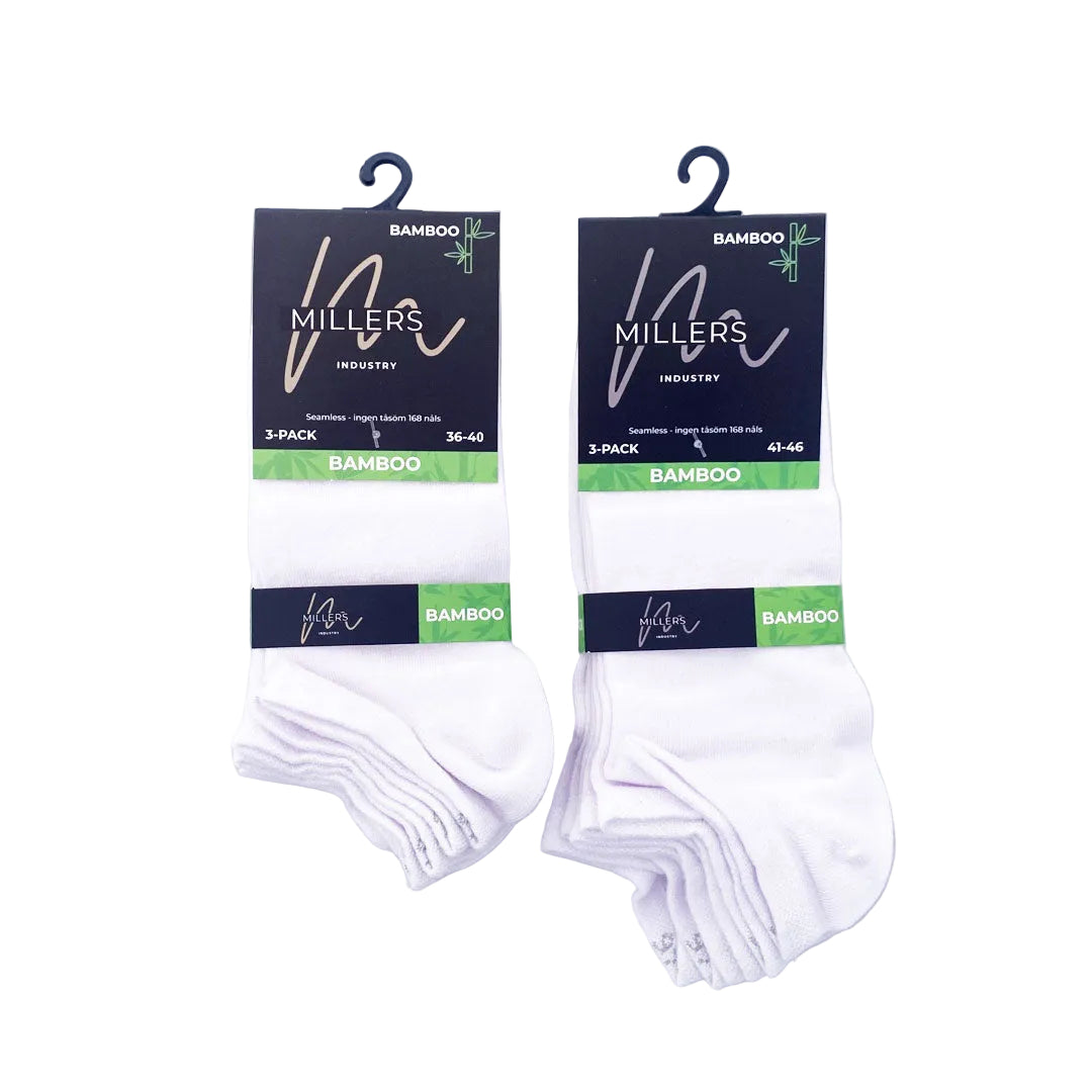 Sneakers diabetesstrumpa i bambu vit 3-pack två storleksintervaller