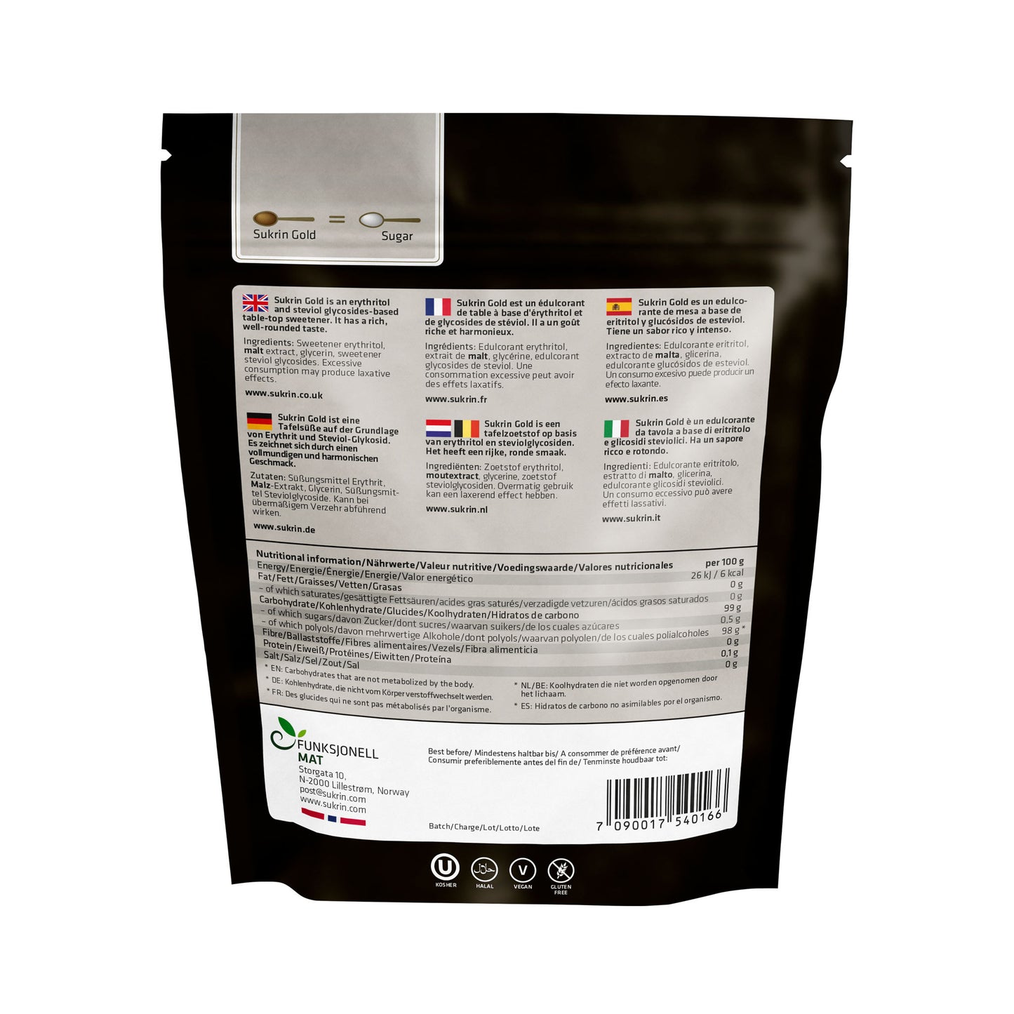 Sockerfritt Farinsocker SUKRIN 250 gram baksida paket