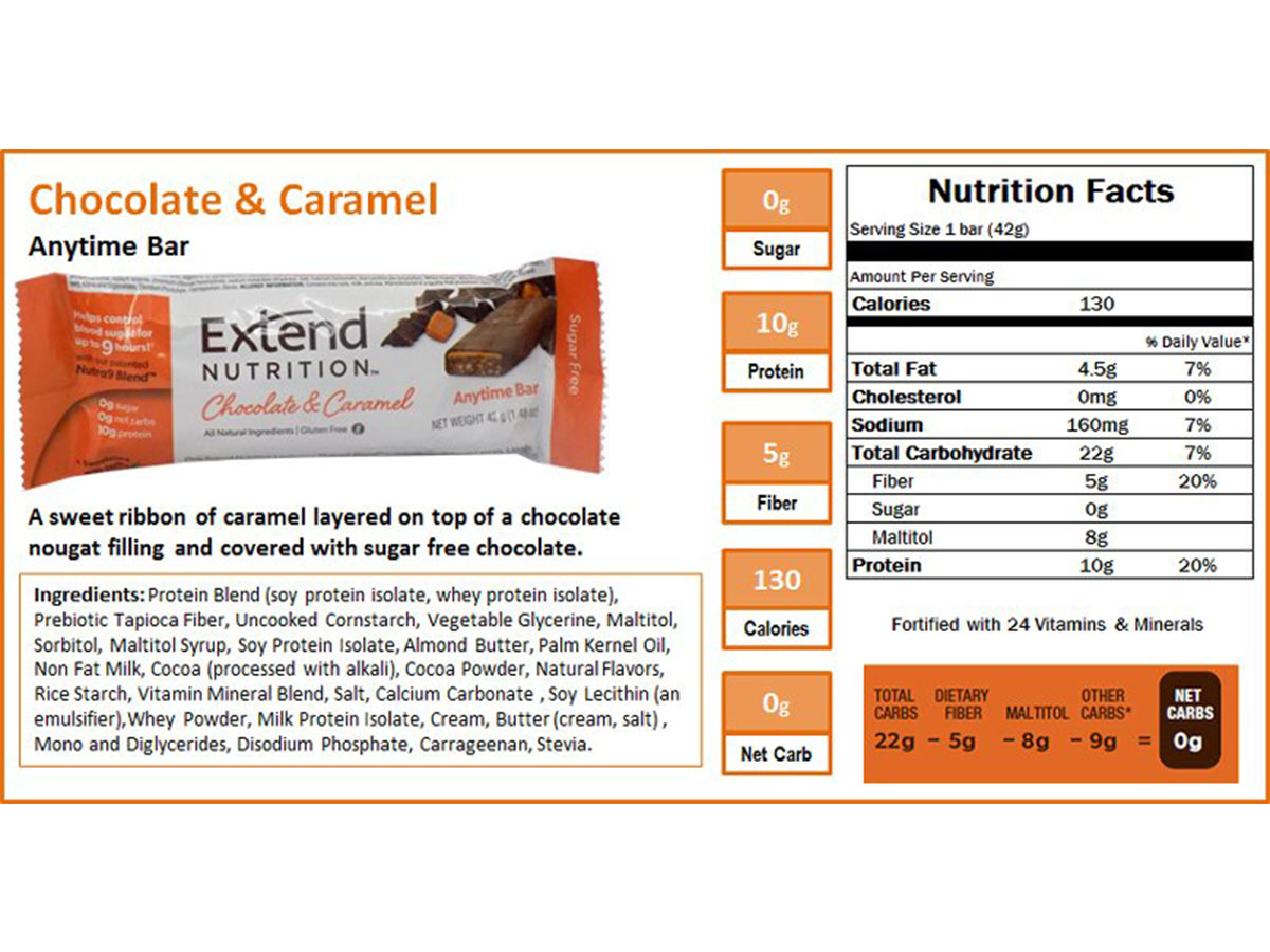 Extend bar choklad & karamell innehållsförteckning