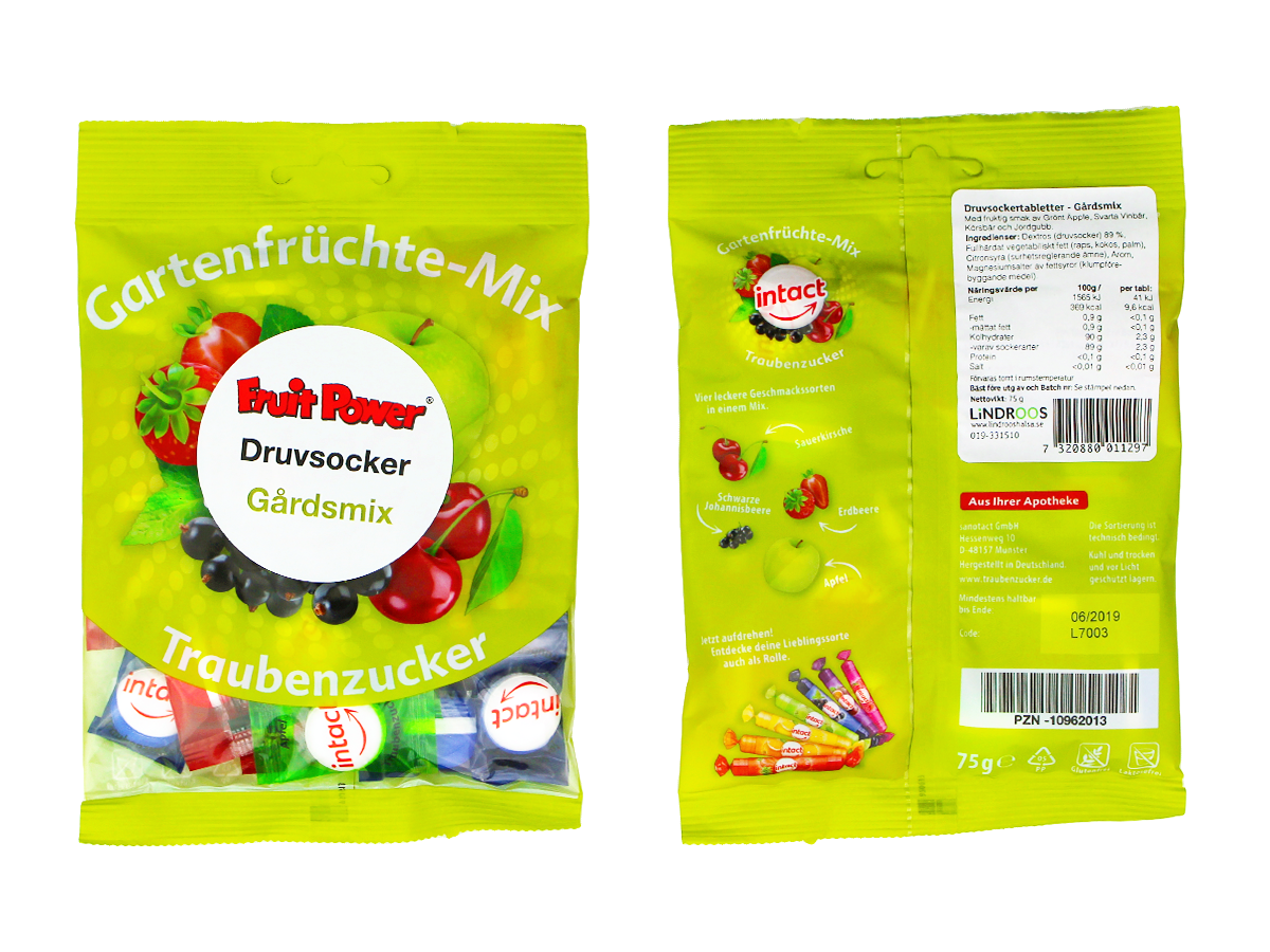 Fruitpower Druvsocker Gårdsmix förpackning innehåll